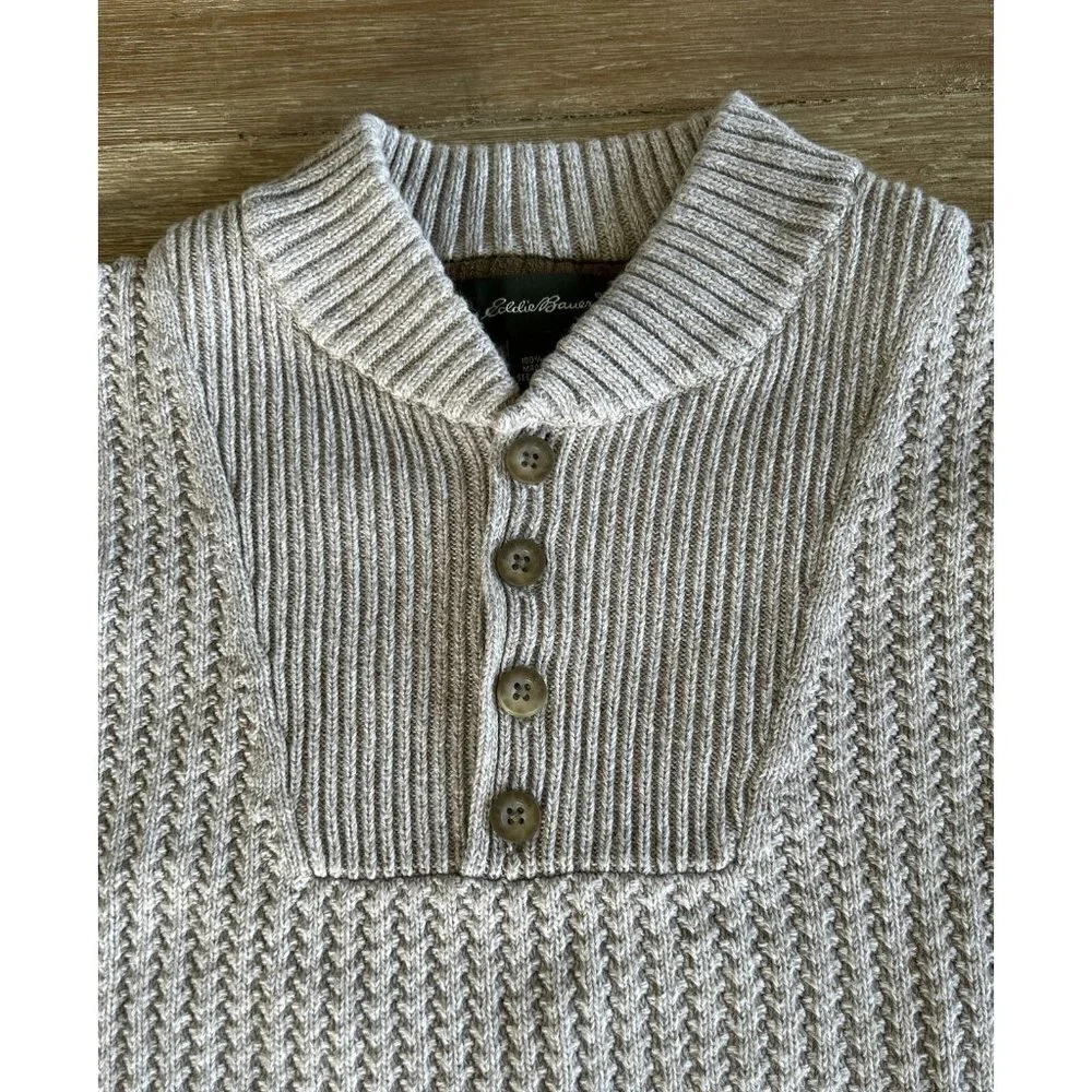 Eddie Bauer Mens Classic Pullover Henley Sweater Oatmeal Beige Knit Size XL Tall